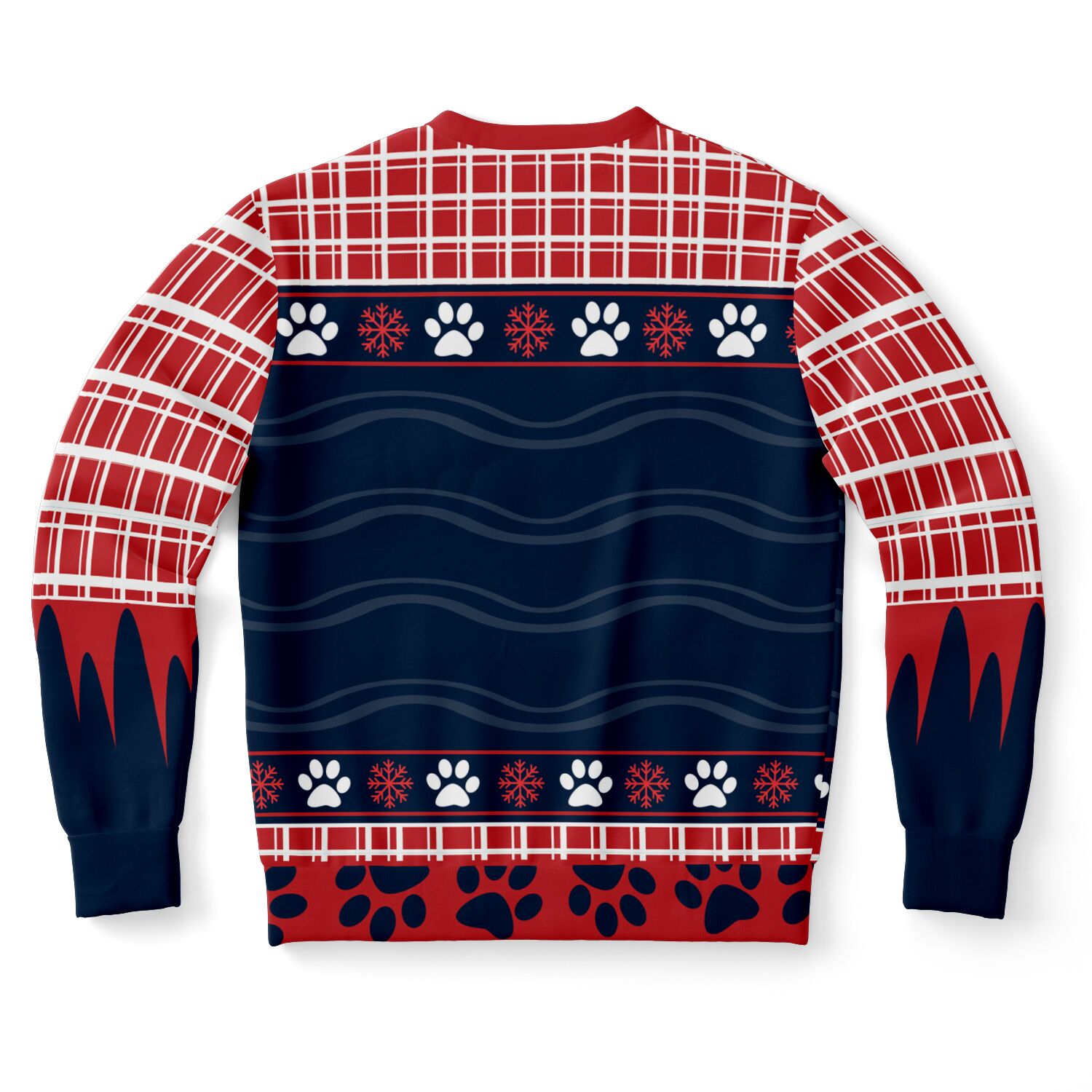 Back view of red and navy Christmas sweater with paw prints, snowflakes, and plaid sleeve design — festive dog lover sweatshirt from CollegeWares.