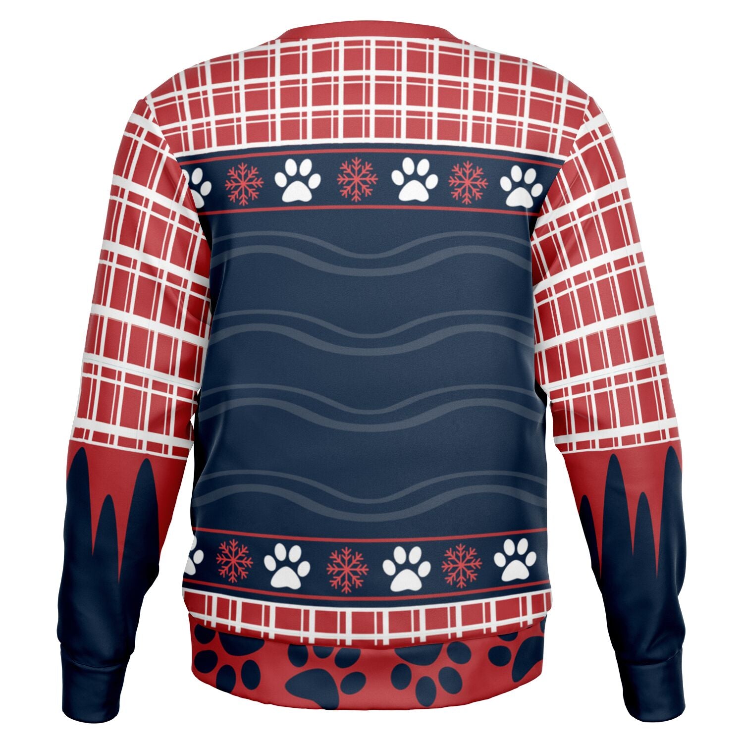 Back view of red and navy Christmas sweater with paw prints, snowflakes, and plaid sleeve design — festive dog lover sweatshirt from CollegeWares.