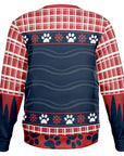 Back view of red and navy Christmas sweater with paw prints, snowflakes, and plaid sleeve design — festive dog lover sweatshirt from CollegeWares.
