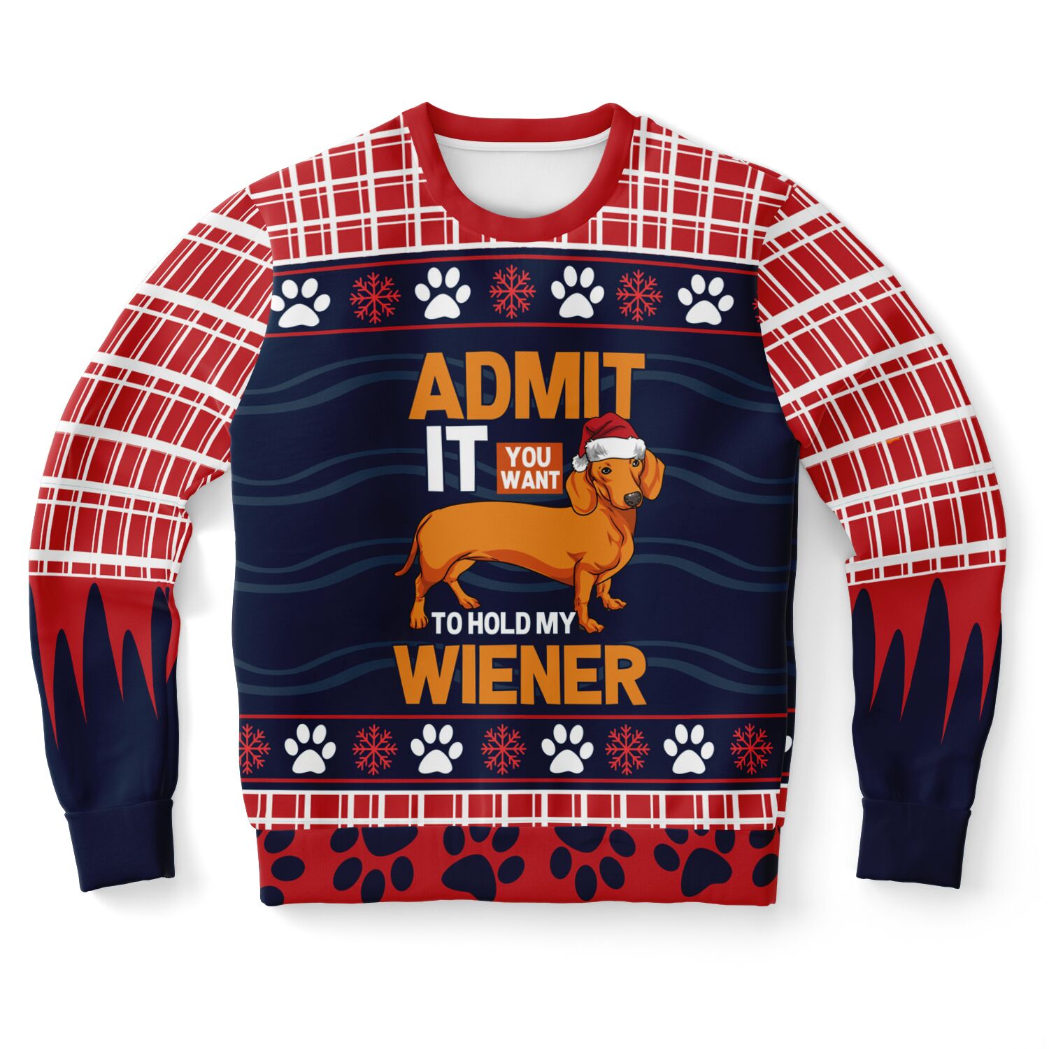 Red and navy ugly Christmas sweater with a dachshund dog in a Santa hat and the phrase “Admit it you want to hold my wiener” — novelty holiday sweatshirt from CollegeWares.