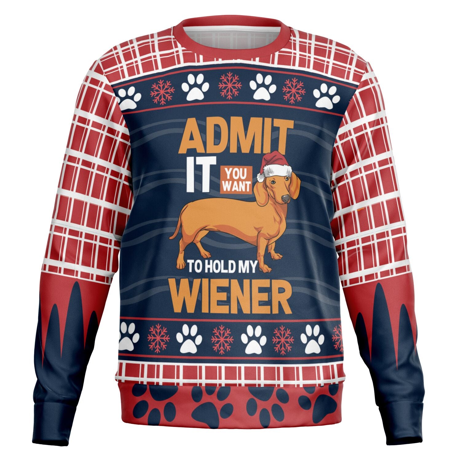 Red and navy ugly Christmas sweater with a dachshund dog in a Santa hat and the phrase “Admit it you want to hold my wiener” — novelty holiday sweatshirt from CollegeWares.