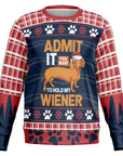 Red and navy ugly Christmas sweater with a dachshund dog in a Santa hat and the phrase “Admit it you want to hold my wiener” — novelty holiday sweatshirt from CollegeWares.