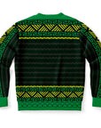 Back of green and black ugly Christmas sweater with yellow stripes and triangle patterns — festive geometric print from CollegeWares.