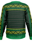 Back of green and black ugly Christmas sweater with yellow stripes and triangle patterns — festive geometric print from CollegeWares.