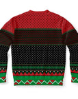 Back view of red, green, and black ugly Christmas sweater with festive zigzags and cross-stitch print — holiday party design from CollegeWares.