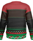Back view of red, green, and black ugly Christmas sweater with festive zigzags and cross-stitch print — holiday party design from CollegeWares.