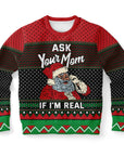 Red and black Christmas sweater with Santa winking and the text “Ask Your Mom If I’m Real” — funny adult holiday sweater from CollegeWares.