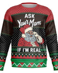 Red and black Christmas sweater with Santa winking and the text “Ask Your Mom If I’m Real” — funny adult holiday sweater from CollegeWares.