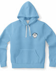 Light blue hoodie with front-placed dripping smiley face logo and curved “CollegeWares” text above — playful pastel street style by CollegeWares.