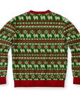 Back view of green Christmas sweater with red, white, and pug-shaped knit patterns — cozy and comical dog-themed design from CollegeWares.