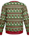 Back view of green Christmas sweater with red, white, and pug-shaped knit patterns — cozy and comical dog-themed design from CollegeWares.