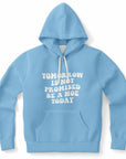 Blue hoodie featuring “Tomorrow Is Not Promised Be A Hoe Today” in thick white font — carefree and hot mess approved from CollegeWares.