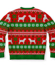 Back view of red and green beagle-themed Christmas sweater with repeating dog and snowflake pattern — cozy holiday apparel from CollegeWares.