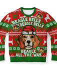 Red and green Christmas sweater with cartoon beagle in Santa hat and the phrase “Beagle Bells Beagle Bells” — funny dog lover holiday sweater from CollegeWares.