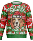 Red and green Christmas sweater with cartoon beagle in Santa hat and the phrase “Beagle Bells Beagle Bells” — funny dog lover holiday sweater from CollegeWares.