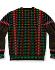 Back view of black and red bee-themed Christmas sweater with honeycomb sleeves and no text — festive pattern from CollegeWares.