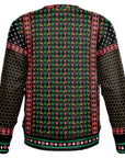 Back view of black and red bee-themed Christmas sweater with honeycomb sleeves and no text — festive pattern from CollegeWares.