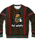Black Christmas sweater with cartoon bee wearing Santa hat above “Bee Merry” text — funny holiday pun design from CollegeWares.