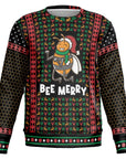 Black Christmas sweater with cartoon bee wearing Santa hat above “Bee Merry” text — funny holiday pun design from CollegeWares.