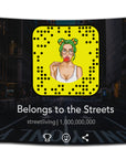 Funny Snapchat parody flag “Belongs to the Streets” with cartoon girl and urban background – savage meme decor from CollegeWares.