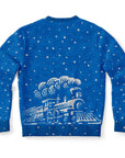 Back view of blue Christmas sweater with snowflake pattern and train graphic only — no text, statement design from CollegeWares.