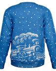Back view of blue Christmas sweater with snowflake pattern and train graphic only — no text, statement design from CollegeWares.