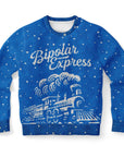 Blue Christmas sweater with “Bipolar Express” text and white train graphic on a snowy knit background — bold parody holiday design from CollegeWares.