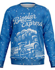 Blue Christmas sweater with “Bipolar Express” text and white train graphic on a snowy knit background — bold parody holiday design from CollegeWares.
