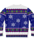 Back view of blue Christmas sweater with white snowflakes and festive green and red trim — classic winter style from CollegeWares.