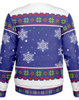 Back view of blue Christmas sweater with white snowflakes and festive green and red trim — classic winter style from CollegeWares.