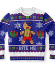 Blue and white Christmas sweater with gingerbread man, gifts, snowflakes, and bold “BITE ME” slogan — playful holiday humor from CollegeWares.
