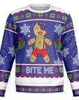 Blue and white Christmas sweater with gingerbread man, gifts, snowflakes, and bold “BITE ME” slogan — playful holiday humor from CollegeWares.