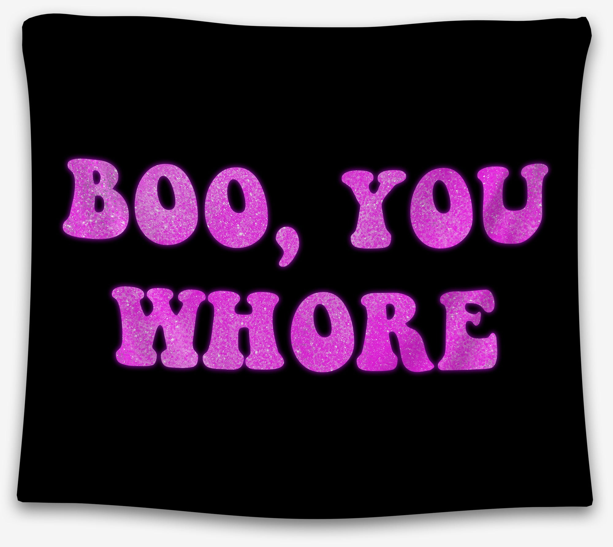 Black tapestry with pink glitter-style text that says “Boo, You Whore” — iconic Mean Girls quote wall art from CollegeWares.