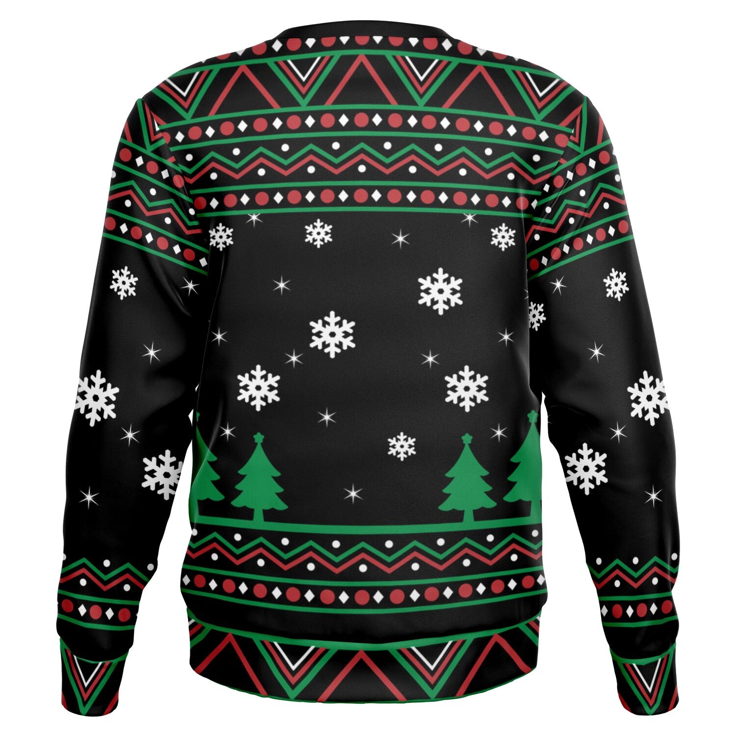 Back view of black Christmas sweater with green tree silhouettes and white snowflakes — festive and clean winter design from CollegeWares.