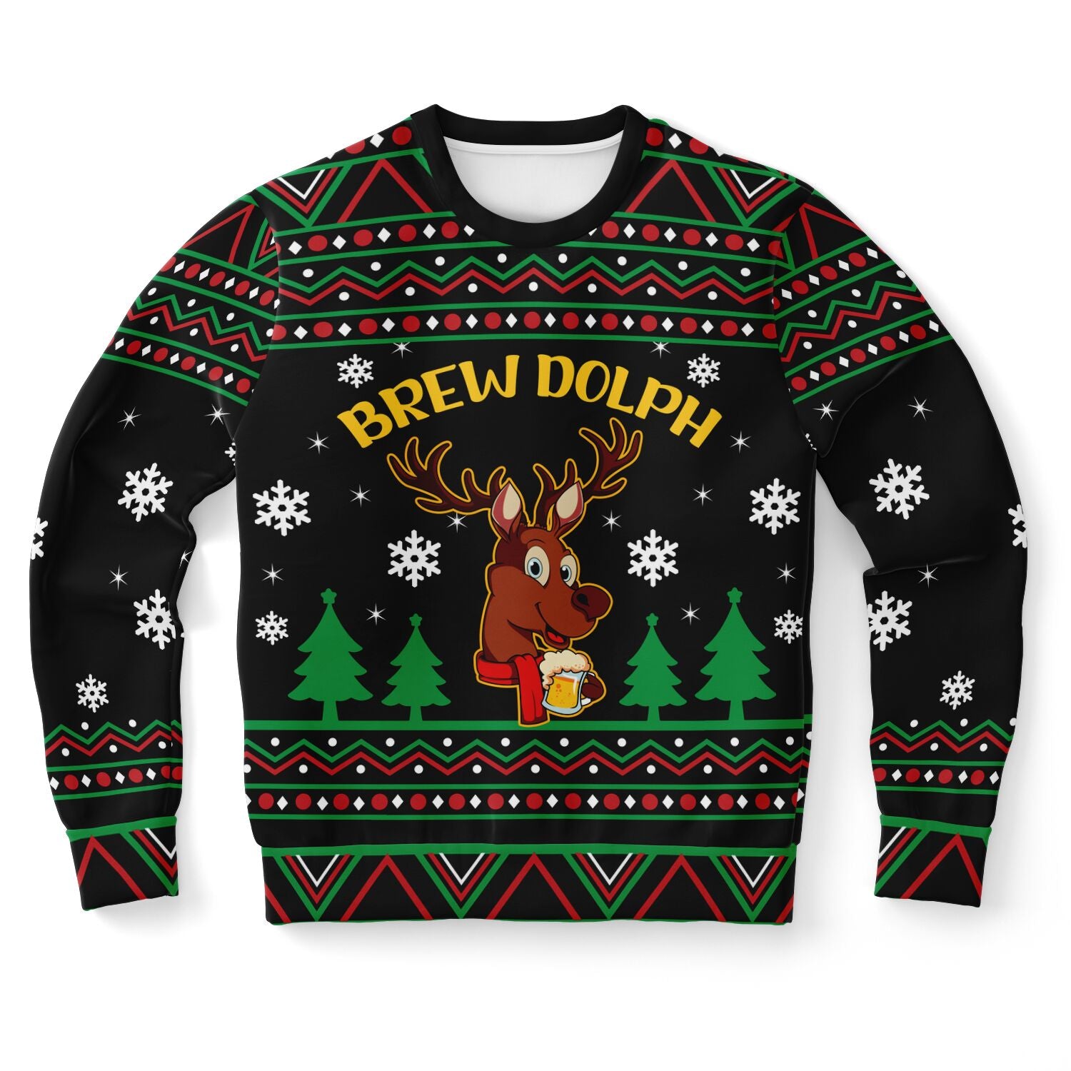 Black Christmas sweater with cartoon reindeer holding beer mug and bold yellow “Brew Dolph” text — funny beer-themed holiday sweater from CollegeWares.