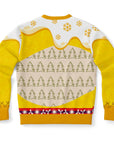 Back view of yellow and white beer-themed sweater with green tree pattern and no text — holiday drinking design from CollegeWares.