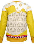 Back view of yellow and white beer-themed sweater with green tree pattern and no text — holiday drinking design from CollegeWares.
