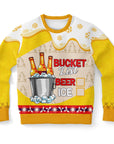 Yellow and white Christmas sweater with beer bucket graphic and bold text reading “Bucket List Beer Ice” — funny drinking party sweater from CollegeWares.