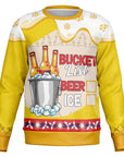 Yellow and white Christmas sweater with beer bucket graphic and bold text reading “Bucket List Beer Ice” — funny drinking party sweater from CollegeWares.