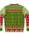 Back view of green and red snowflake-patterned Christmas sweatshirt with no text — festive ugly sweater print from CollegeWares.