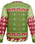 Back view of green and red snowflake-patterned Christmas sweatshirt with no text — festive ugly sweater print from CollegeWares.