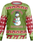 Green and red Christmas sweatshirt featuring snowman with scarf, top hat, and “Can Somebody Blow My Nose” slogan — cheeky holiday humor from CollegeWares.