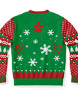 Back view of green holiday sweater with snowflakes, holly, and red/white sleeves — festive and bold print from CollegeWares.