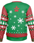 Back view of green holiday sweater with snowflakes, holly, and red/white sleeves — festive and bold print from CollegeWares.