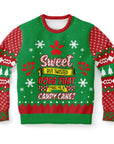 Green and red Christmas sweater with “Sweet But Twisted, Does That Make Me a Candy Cane?” text and candy graphics — cheeky holiday humor from CollegeWares.