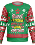 Green and red Christmas sweater with “Sweet But Twisted, Does That Make Me a Candy Cane?” text and candy graphics — cheeky holiday humor from CollegeWares.