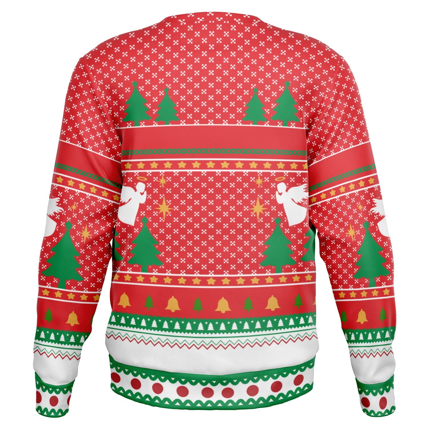 Back view of red holiday sweater with Christmas trees, angels, and star pattern — festive beer-themed design from CollegeWares.