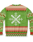 Back view of green sweater with large white pixel-style snowflake and festive trim — playful holiday design from CollegeWares.