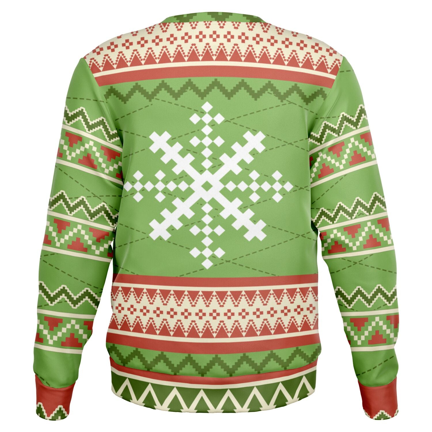 Back view of green sweater with large white pixel-style snowflake and festive trim — playful holiday design from CollegeWares.