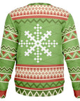 Back view of green sweater with large white pixel-style snowflake and festive trim — playful holiday design from CollegeWares.
